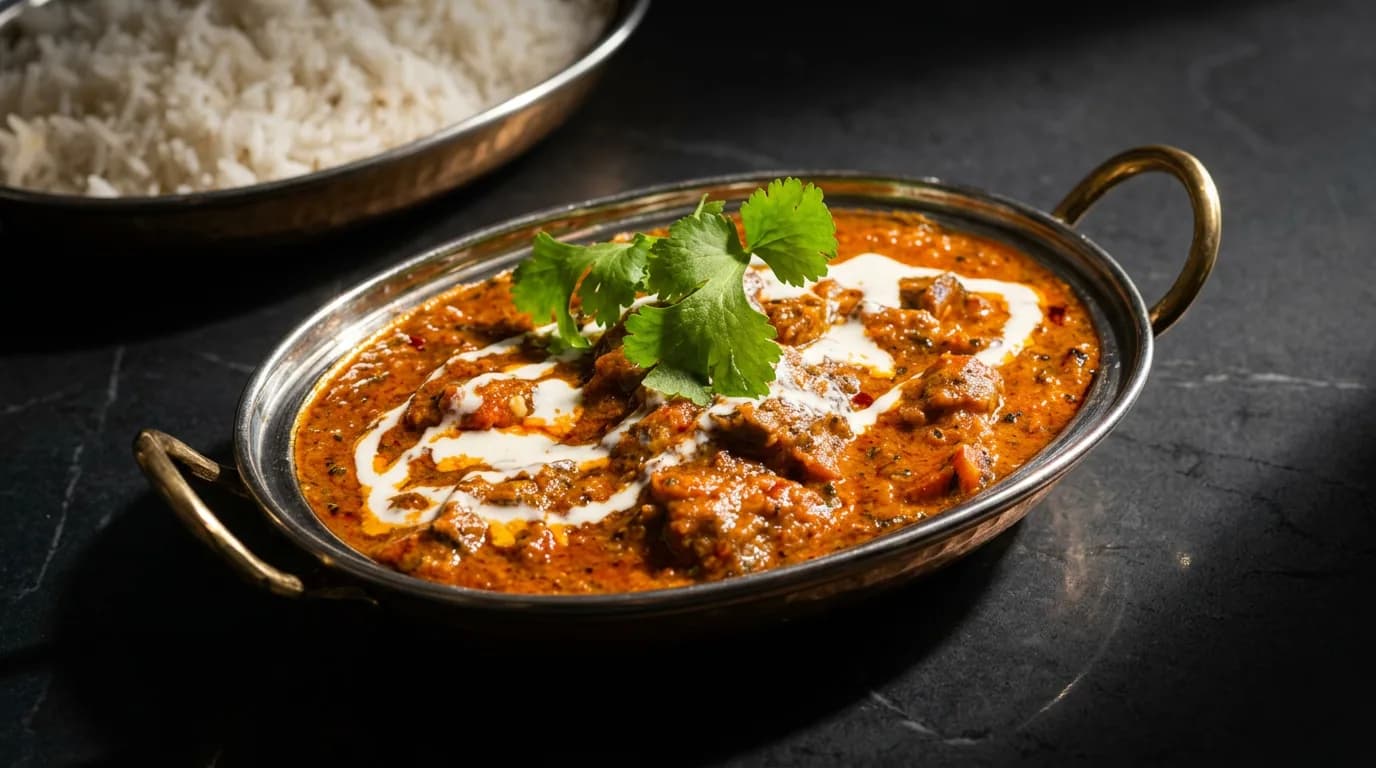 Paneer curry in a metal serving dish beside a bowl of rice.