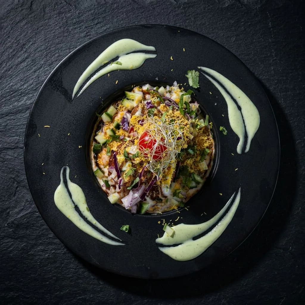 A potato patty with salad, sev, and chutney on a black plate.