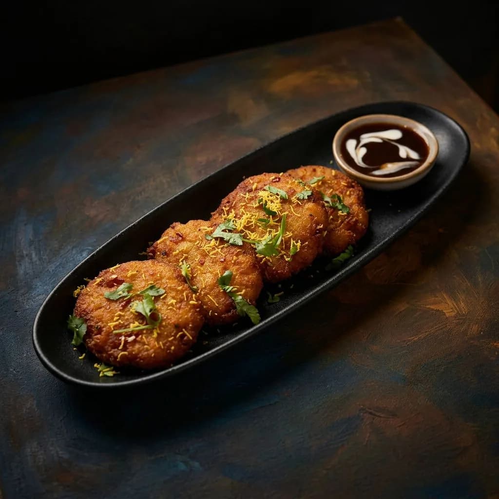 Crisp fritters on a long plate with a dipping sauce.