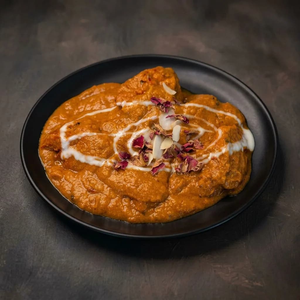 Chicken curry on a black plate, finished with cream, almonds, and rose petals.