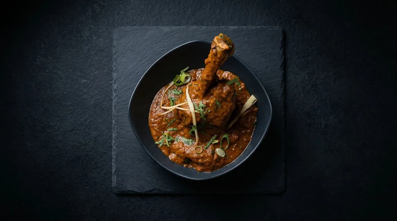 A braised lamb shank in a dark bowl.