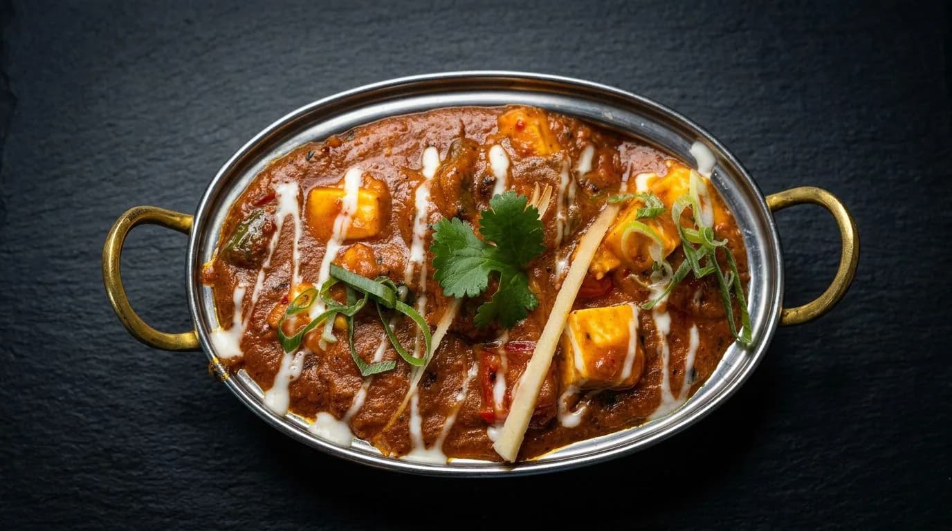 Paneer curry in a metal serving dish with cream, ginger, and coriander.